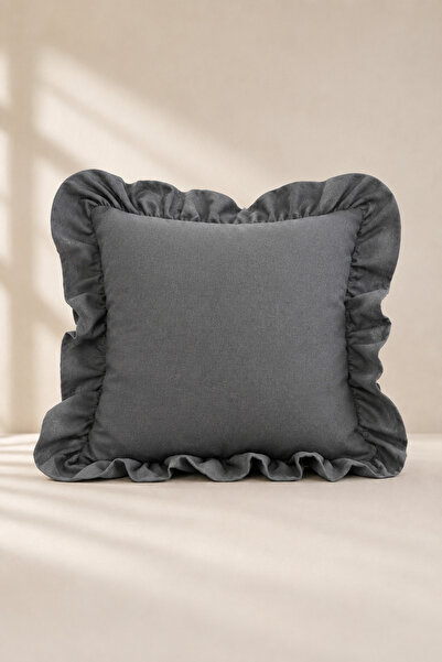 tab-linnn Pera Cotton Linen Ruffled Gray Throw Pillow - Rustic, Hand-Stitched...