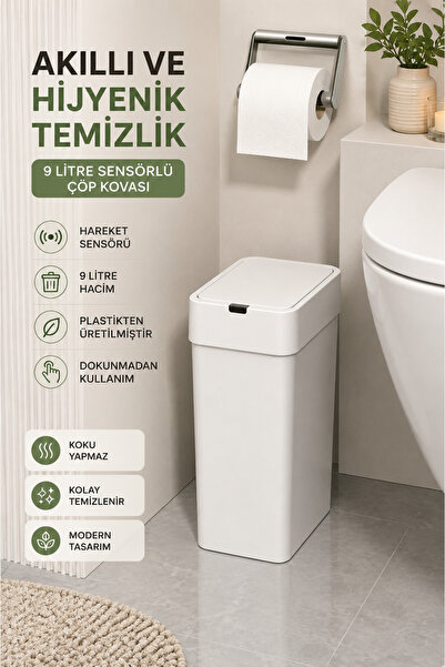 clasavm 9 Litre Akıllı Çöp Kovası - Hareket Sensörlü Kapaklı Mutfak/Banyo Çöp...