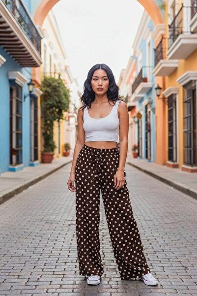 pulur.co Brown Polka Dot High Waist Elastic Waistband Palazzo Wide Leg Sandy ...