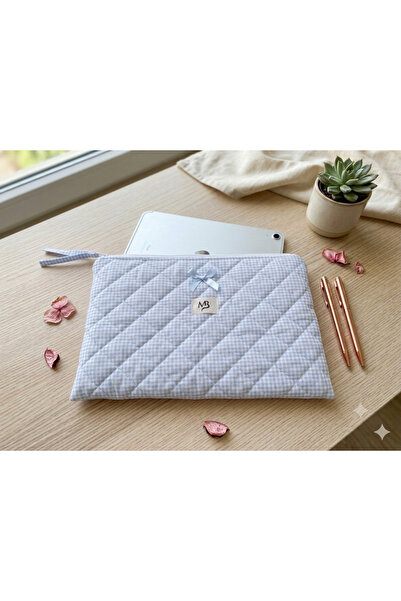 MB mavi pötikare desenli fiyonklu laptop - tablet kılıfı - 13 inç - 14 inç uy...