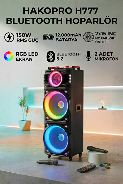hakopro 150W 12000 mAh Rgb Ledli Mikrofonlu Aga Siyah Hoparlör H777