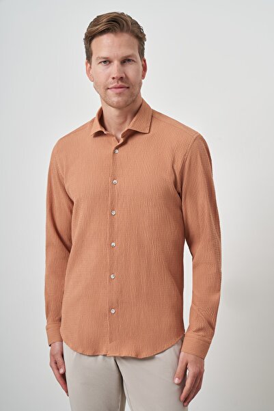 Morven Cămașă pentru bărbați Cinnamon Seersucker Trend cu model Dynamic Fit c...