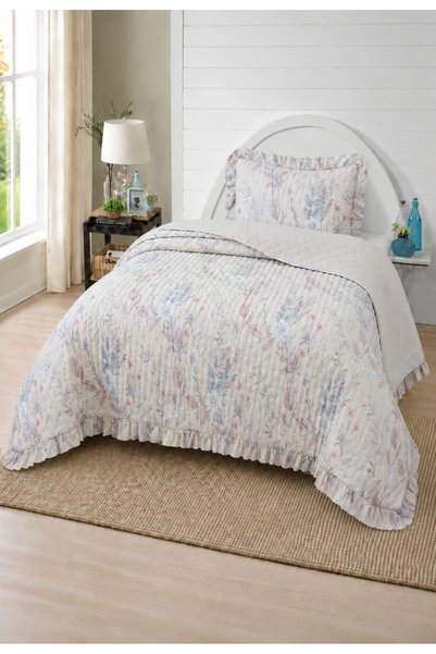 LALHOME Flowers Single Bedspread Set 180X240Cm - with Flounce and Pillows, 100% Polyester, Modern Blue Pink