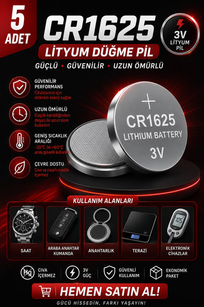 ANI OFİS KIRTASİYE A K 5 Adet CR1625 3V Lityum Pil Düğme Uzun Ömürlü Performa...