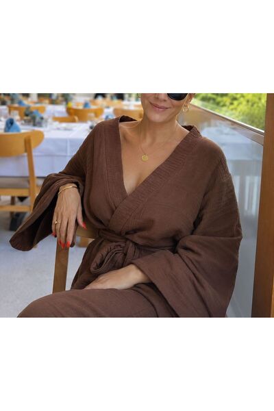 modekamoda Double Layer Muslin Kimono with Evil Eye Embroidery and Brown Belt Beach Kimono