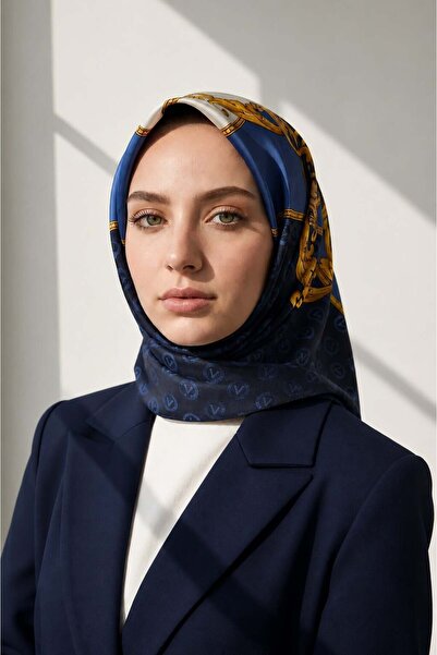 Vissona %100 Twill İpek Monogram Ve Barok Desenli Lacivert - İndigo  Renkli 9...