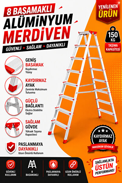 CMS CÖMERT MERDİVEN Alüminyum Çift Çıkışlı Merdiven 8 Basamak | Kaymaz Ayaklı...