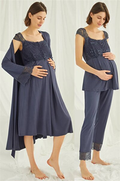 MONAMİSE 18210305 Women's Navy Blue Maternity Set Dressing Gown Nightgown Paj...