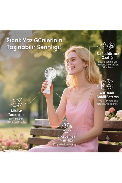 HİBOTEKNO Su Püskürtmeli Şarjlı Mini El Fanı - Taşınabilir Nemlendiricili Van...