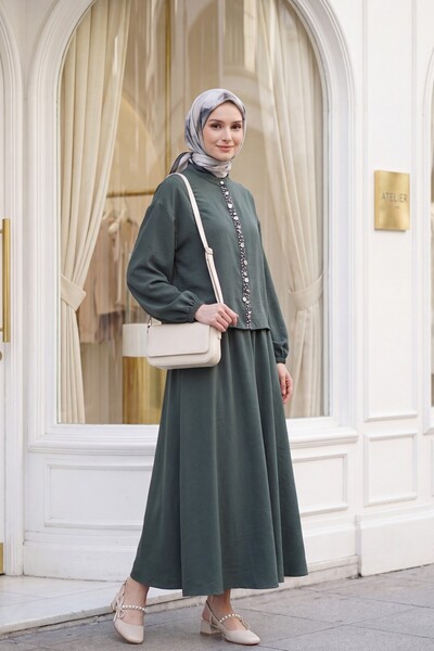 Modamorfo Modal Suit with Elastic Sleeves, Pearl Buttons on the Front, and Sk...