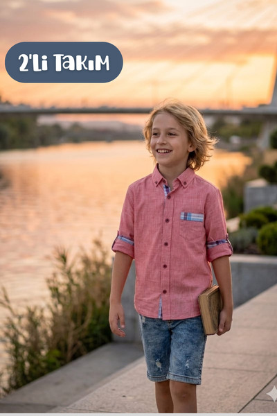 Hilal Akıncı Kids Boys' Collared Shirt and Denim Shorts 2-Piece Set