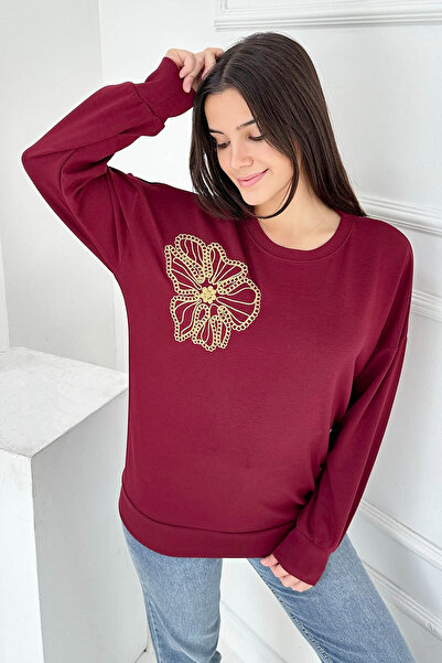 TOFİSA Hanorac modal cu broderie florală la umăr - 27883-BORDO