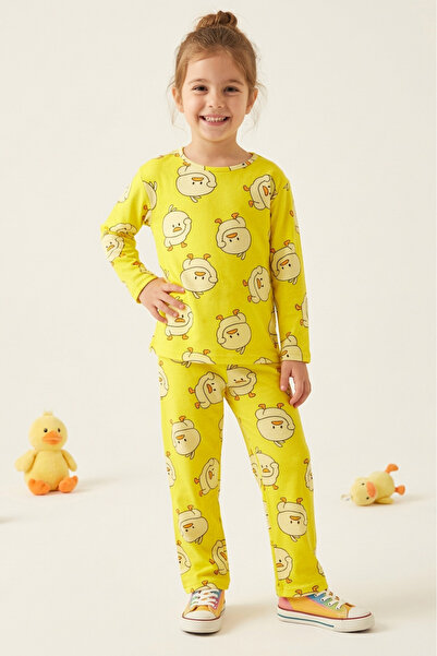 TOFİSA Kız Çocuk Sari Civciv Basklı Süet Pijama Takımı - 28342-SARI