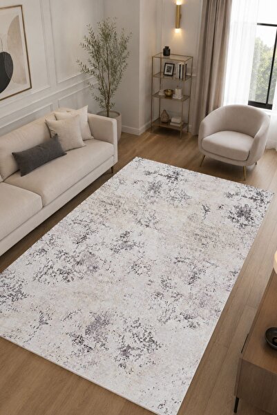 Serente Home Abstract Desenli Yıkanabilir Kaymaz Taban Bej Şönil Salon Halısı...