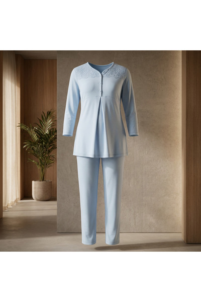 Lady Lingerie طقم بيجامة للحوامل والمرضعات من قطعتين - قميص بأكمام طويلة وبنط...