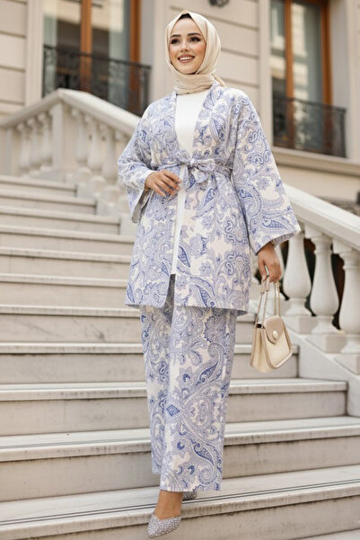 Neva Style Desenli İndigo Mavisi Tesettür İkili Kimono Takım 12122IM