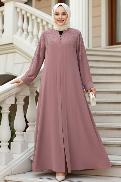 N.S NEVA STYLE Abaya cu broderie cu margele, roz deschis, 29110AGK