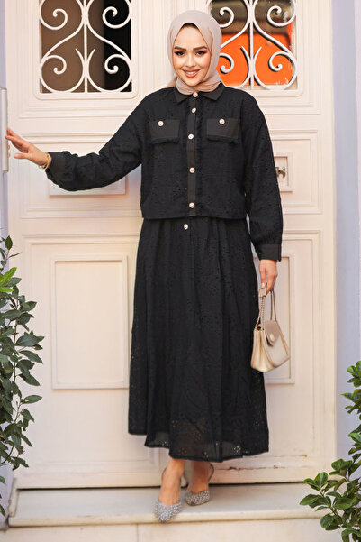 Neva Style Set dublu cu fustă hijab neagră cu dantelă 14171S