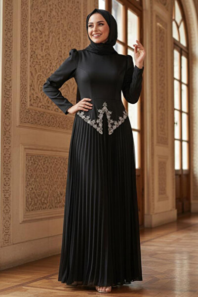 N.S NEVA STYLE - فستان سهرة أسود بتفاصيل من الخرز للنساء المحجبات 55141S