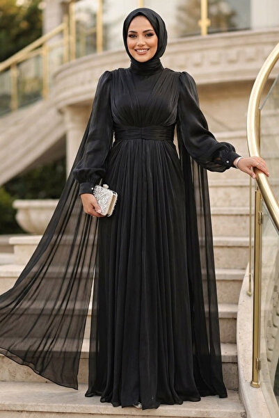 N.S NEVA STYLE - فستان سهرة أسود محتشم مع عباءة 5447S