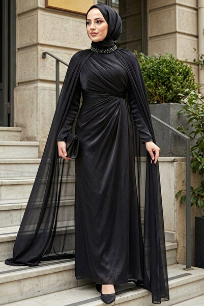 N.S NEVA STYLE - فستان سهرة أسود محتشم مع عباءة 54391S