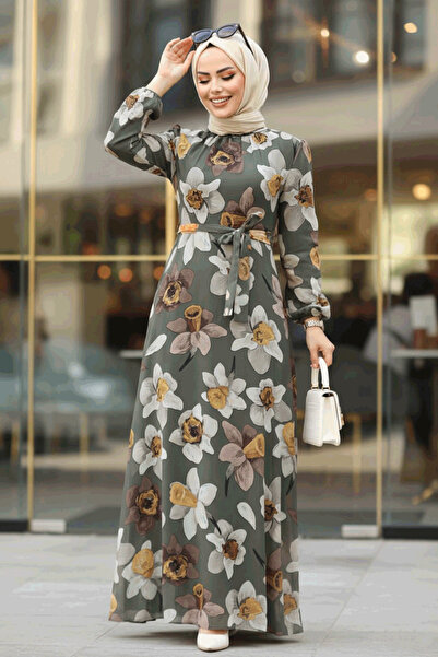 Neva Style Rochie hijab kaki cu modele florale 279325HK