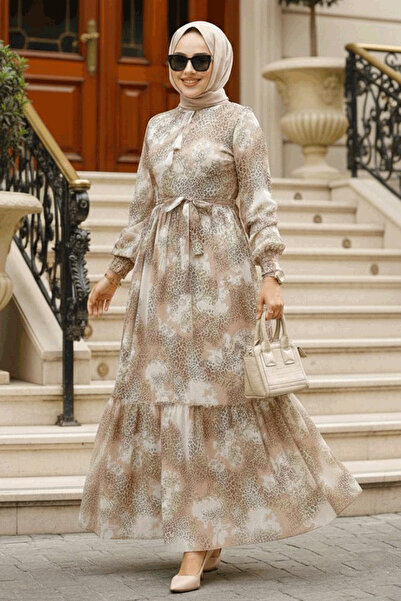 Neva Style - Rochie Hijab Bej cu Motive 33560bej