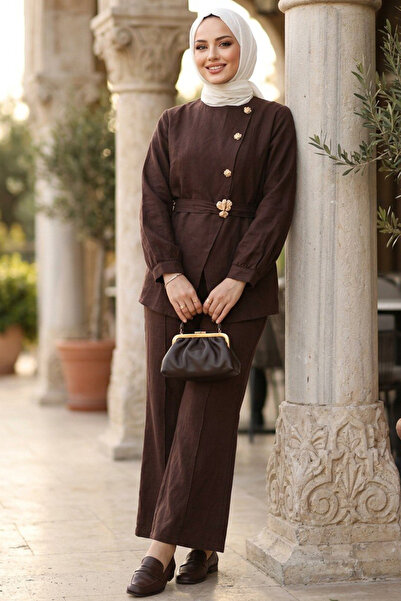 N.S NEVA STYLE Brown Hijab Double Set with Buckle Belt 82413Kh
