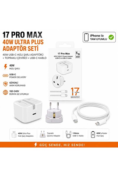 İPhone 17 Uyumlu 17 / 17 Pro / 17 Pro Max 40W UK-TR Çevirici ve Type-C Kablo İle Hızlı Şarj Adaptör Seti