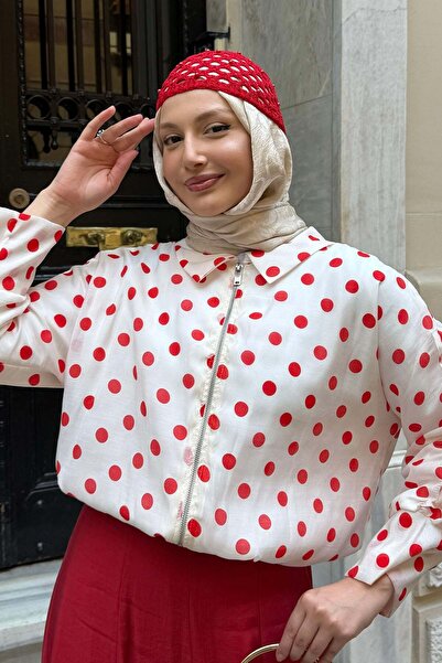 Modaensarbutik Puantiyeli Kısa Crop Bomber Ceket-KIRMIZI