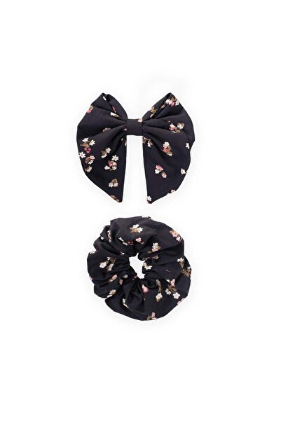 Cigit Ribbon and Elastic Hair Clip Navy Blue Floral