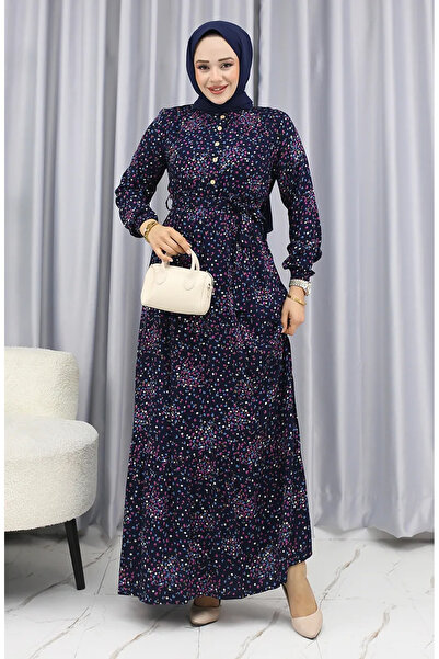 sefamerve Viscose Fabric Floral Patterned Dress 4070-02 Navy Blue