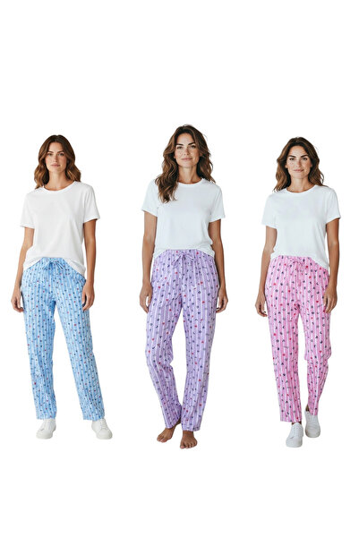 urumbay 3’lü Kadın Desenli Kurdaleli Ince Pijama Alt