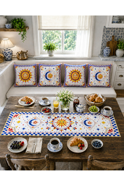 Bebişim Halı Sun Motif Mediterranean Patterned Runner and Set of 4 Throw Pill...