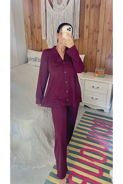 ByGamzeArman Bordo renk uzun kol penye pamuk kumaş hamile lohusa pijama takımı