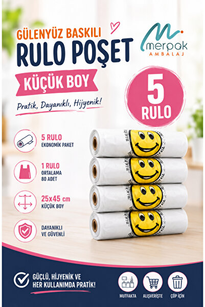 Merpak Ambalaj Baskılı Rulo Poşet Küçük Boy X5 Rulo Gülenyüz Baskılı Market M...