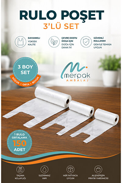 Merpak Ambalaj Rulo Poşet 3'lü Set (KÜÇÜK, ORTA, BÜYÜK) Hışır Atlet Market Ma...