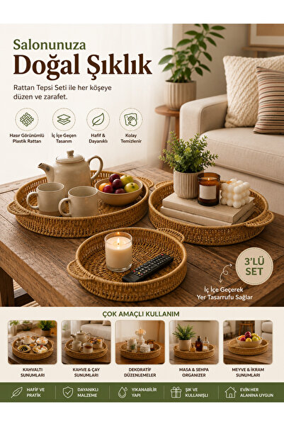 BONOVE Set of 3 Round Rattan Trays with Wicker Look, Plastic Serving, Present...