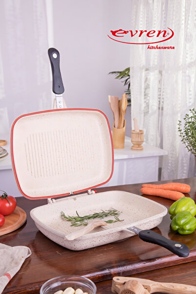 Evren 36 Cm Cream İkiz Grill Tava, Çift Taraflı Izgara Grill Pan