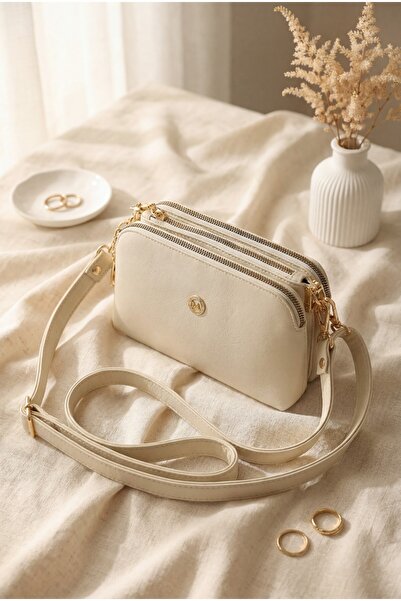 Modamorfo Three-Compartment Crossbody Bag with Middle Strap - Beige