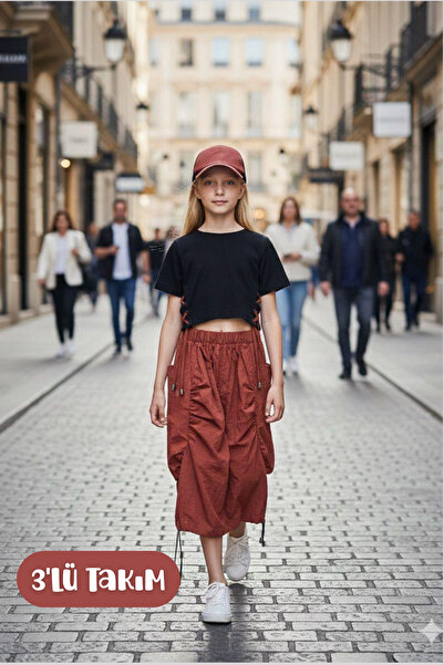 Hilal Akıncı Kids Set de trei piese pentru fete, fustă adunată, tricou cu șir...