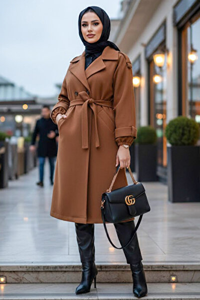 N.S NEVA STYLE Belted Tan Cashmere Hijab Coat 61102Tb