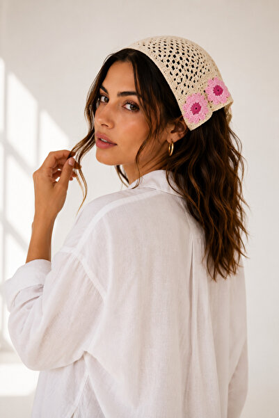 SEVMİŞ HOME Kadın Örgü Bandana Çiçek Motifli Yazlık Bohem Saç Bandanası