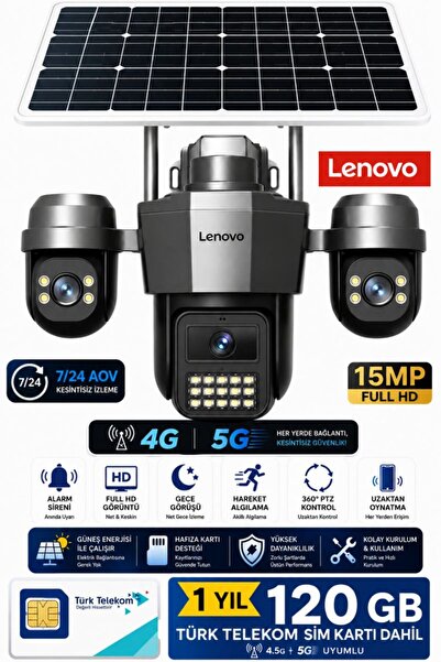 LENOVO G4W19 3 Lensli 4G SIM Kartlı 360° PTZ Solar Güvenlik Kamerası Güneş Pa...