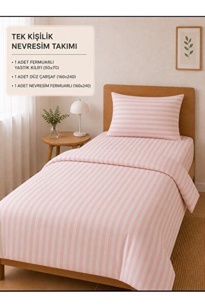 Altınoluk Tekstil Tek Kişilik Pembe Çizgili Nevresim Takımı Çarşaflı
