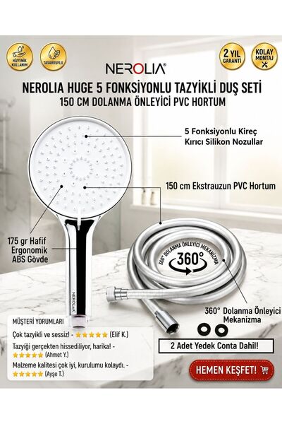 NEROLIA Huge - Paslanmaz Duş Başlığı ve Hortumu Seti - PVC Banyo Hortumu