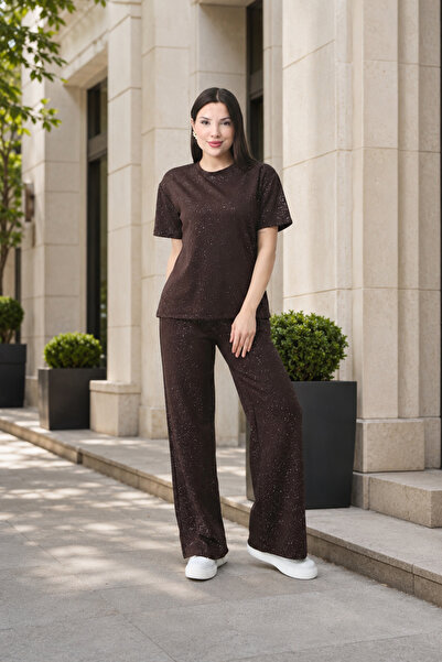 LEVEL HİGH Women's Silvery Crew Neck Short Sleeve Loose-Fit Top and Bottom Set