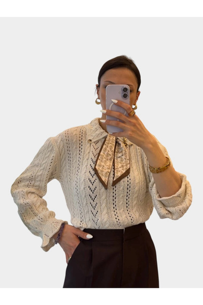 SHIN Butik SHIN Vintage Dokulu Triko Gömlek – Fular Detaylı Premium Bluz
