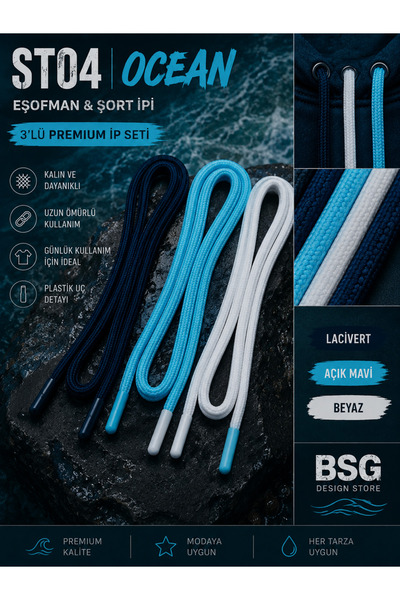 BSG Design Store ST04 OCEAN Hoodie İpi 3'lü Set 110 cm Lacivert Beyaz Açık Mavi