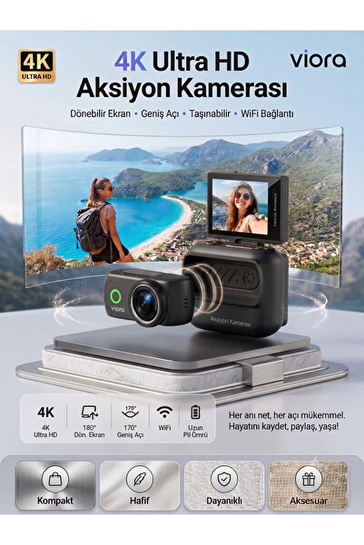 TARÇIN Viora 4K Aksiyon Kamerası Mini 180° Döner Ekran WiFi App Geniş Açı Taş...
